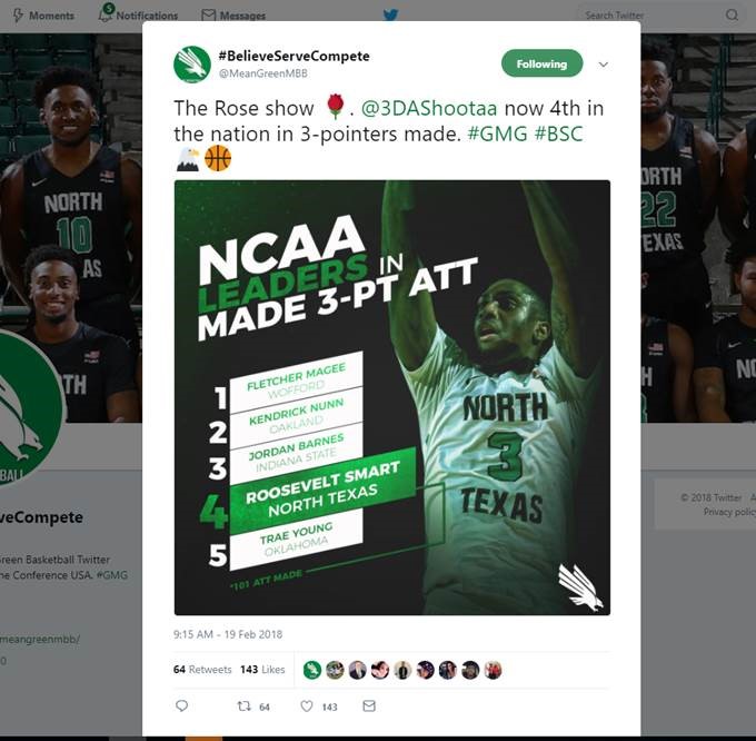 Smart 4th in the Country in 3 Pointers Made for University of North Texas